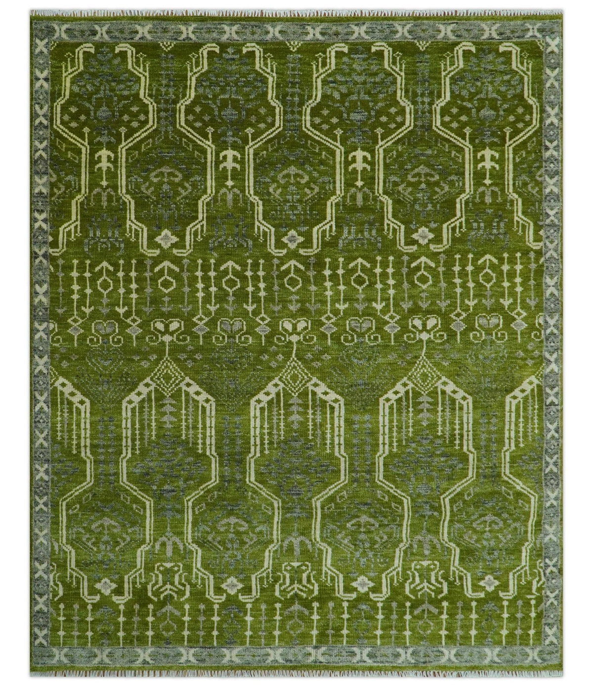 Contemporary Traditional Design Green And Beige Hand Knotted Custom Made Wool Rug.
