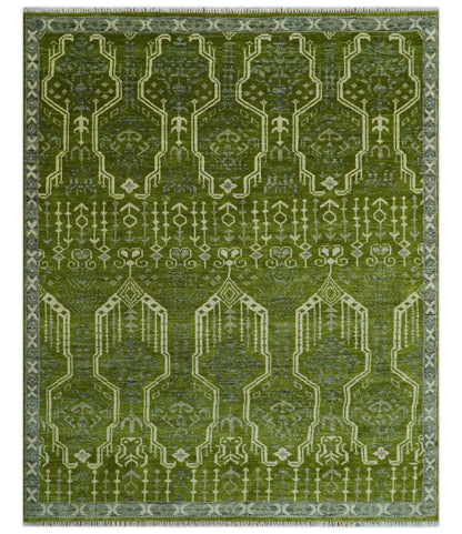 Contemporary Traditional Design Green And Beige Hand Knotted Custom Made Wool Rug.