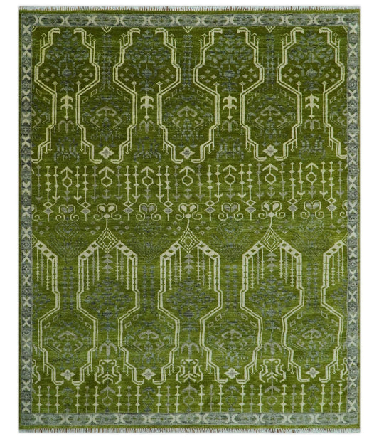Contemporary Traditional Design Green And Beige Hand Knotted Custom Made Wool Rug.