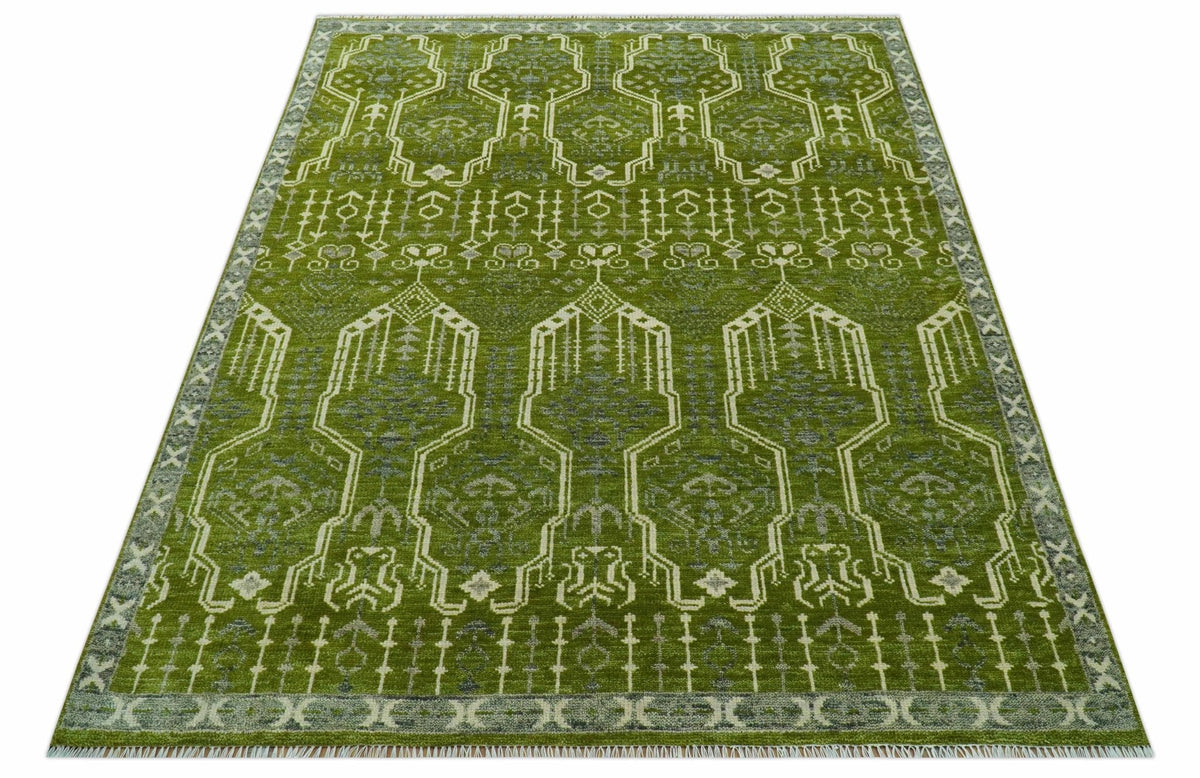 Contemporary Traditional Design Green And Beige Hand Knotted Custom Made Wool Rug.