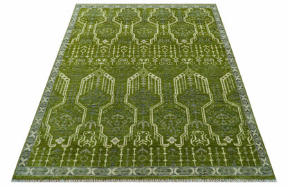 Contemporary Traditional Design Green And Beige Hand Knotted Custom Made Wool Rug.