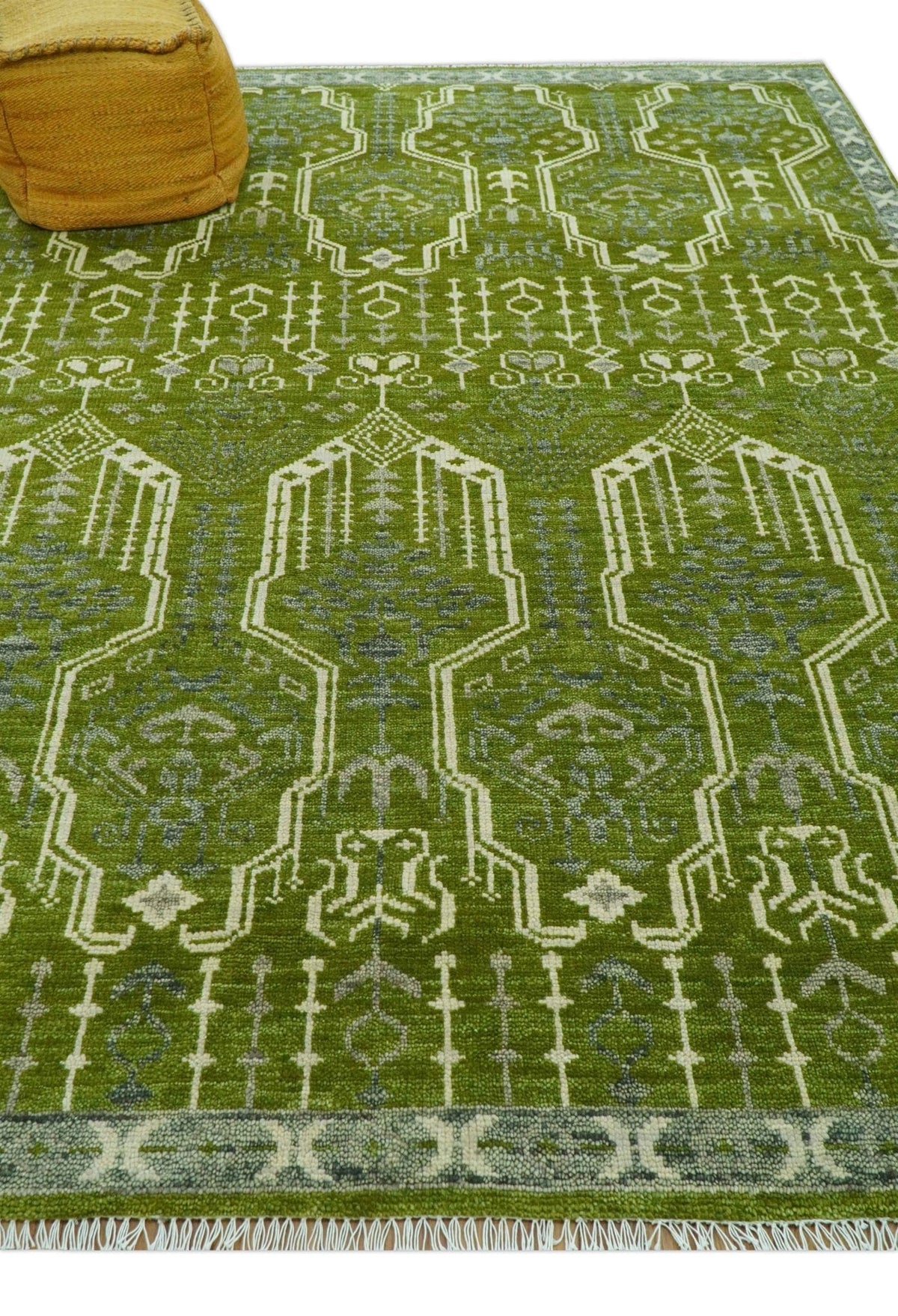 Contemporary Traditional Design Green And Beige Hand Knotted Custom Made Wool Rug.