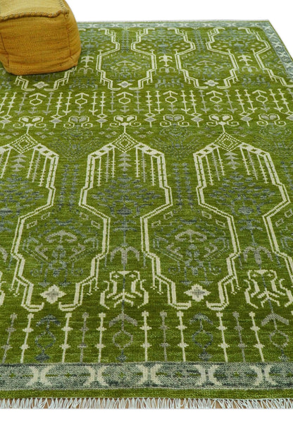 Contemporary Traditional Design Green And Beige Hand Knotted Custom Made Wool Rug.