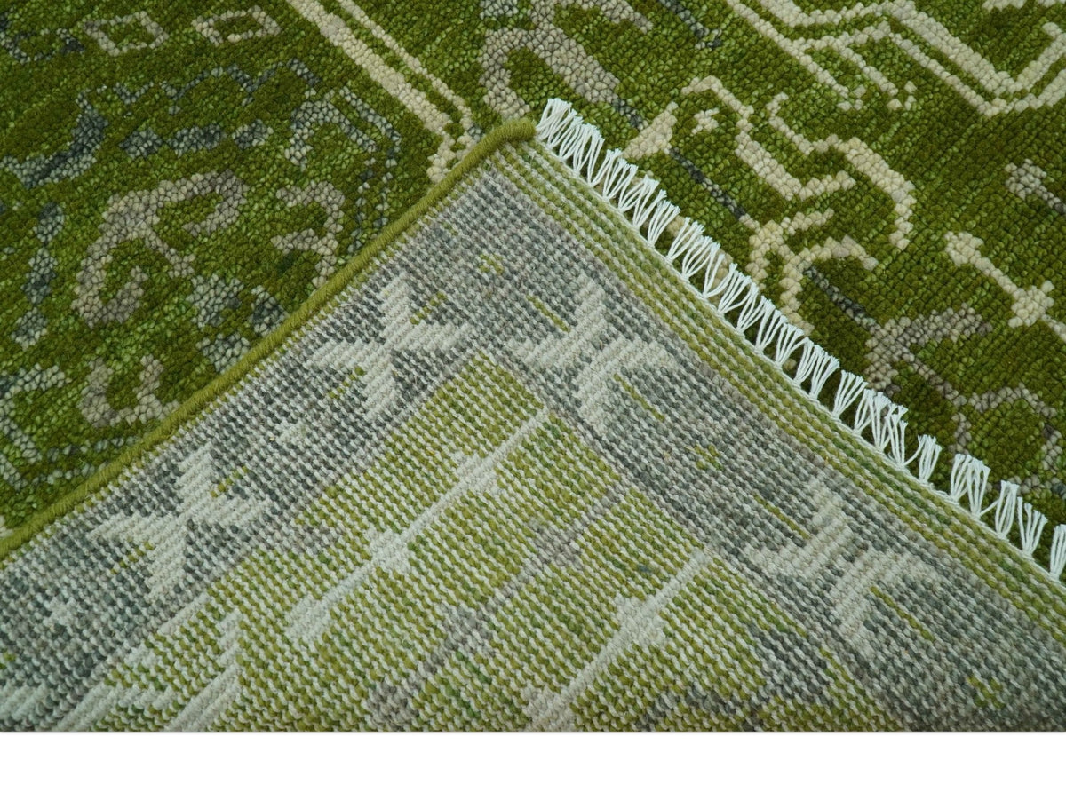 Contemporary Traditional Design Green And Beige Hand Knotted Custom Made Wool Rug.