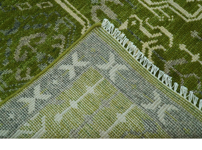 Contemporary Traditional Design Green And Beige Hand Knotted Custom Made Wool Rug.