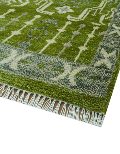 Contemporary Traditional Design Green And Beige Hand Knotted Custom Made Wool Rug.