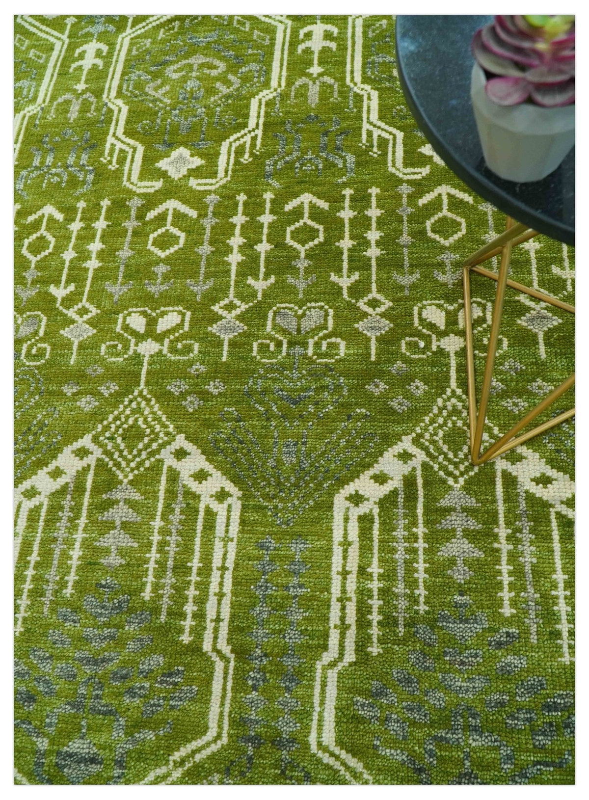 Contemporary Traditional Design Green And Beige Hand Knotted Custom Made Wool Rug.