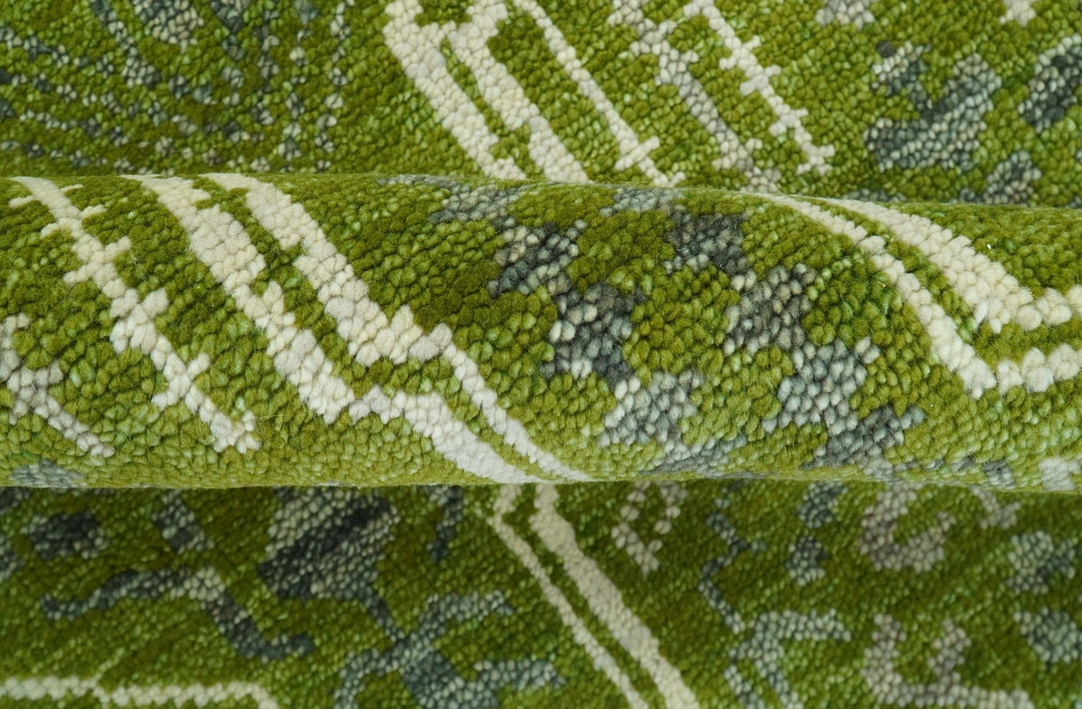 Contemporary Traditional Design Green And Beige Hand Knotted Custom Made Wool Rug.