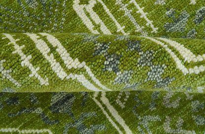 Contemporary Traditional Design Green And Beige Hand Knotted Custom Made Wool Rug.