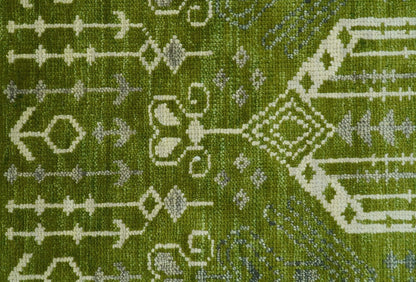 Contemporary Traditional Design Green And Beige Hand Knotted Custom Made Wool Rug.