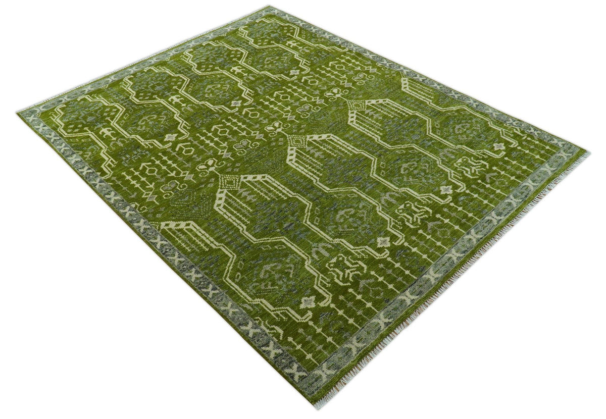Contemporary Traditional Design Green And Beige Hand Knotted Custom Made Wool Rug.