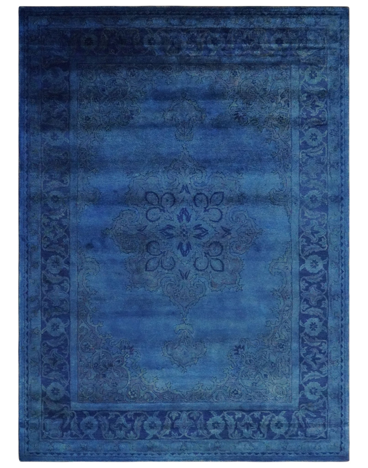 Traditional Design Overdyed Blue Hand Tufted Wool Area Rug.