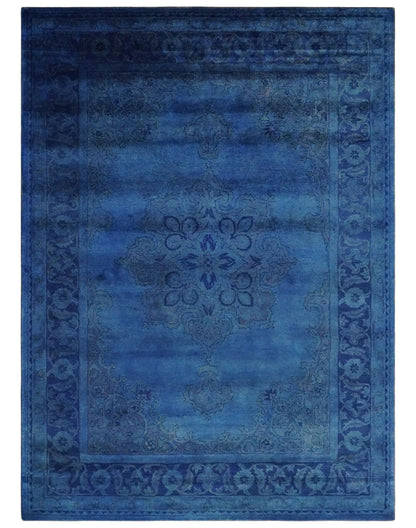 Traditional Design Overdyed Blue Hand Tufted Wool Area Rug.