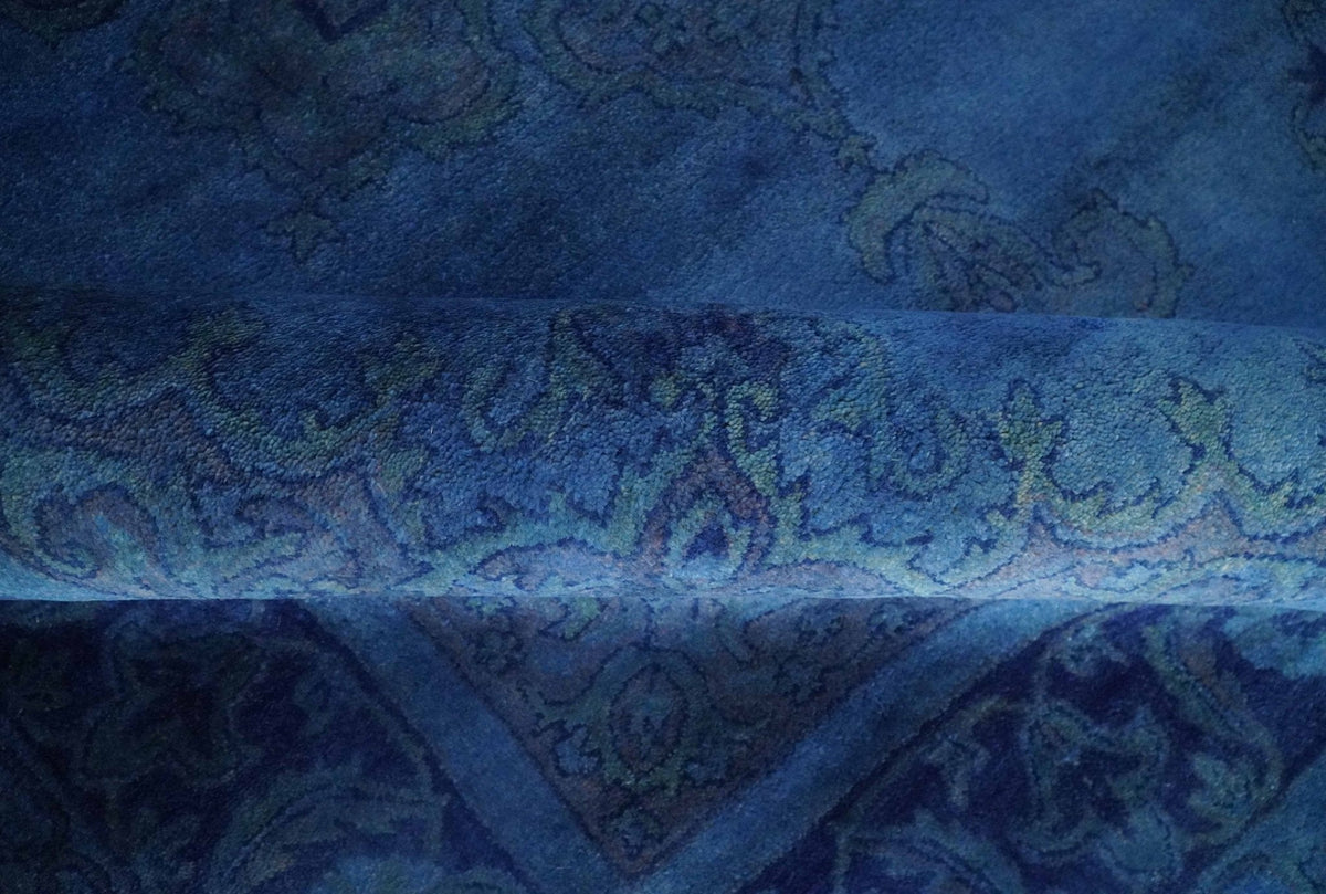 Traditional Design Overdyed Blue Hand Tufted Wool Area Rug.