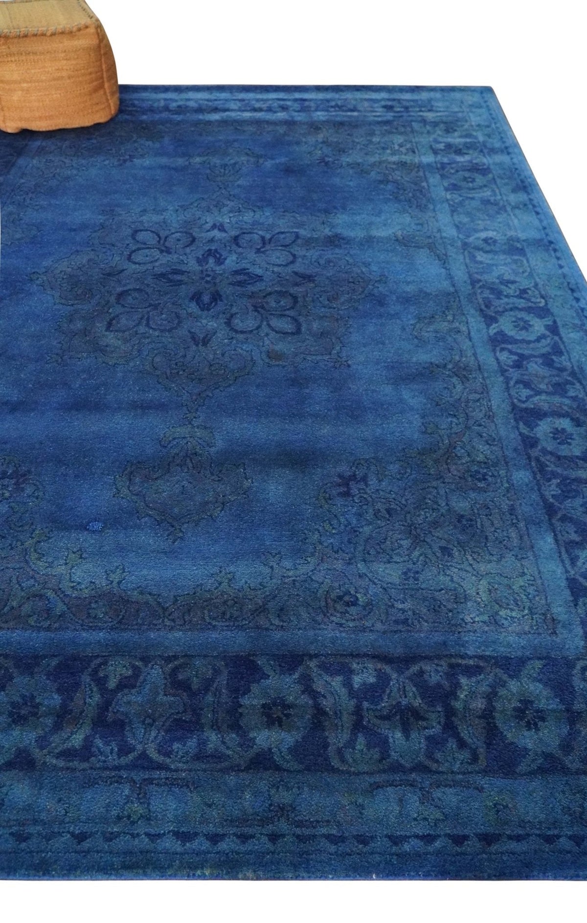 Traditional Design Overdyed Blue Hand Tufted Wool Area Rug.