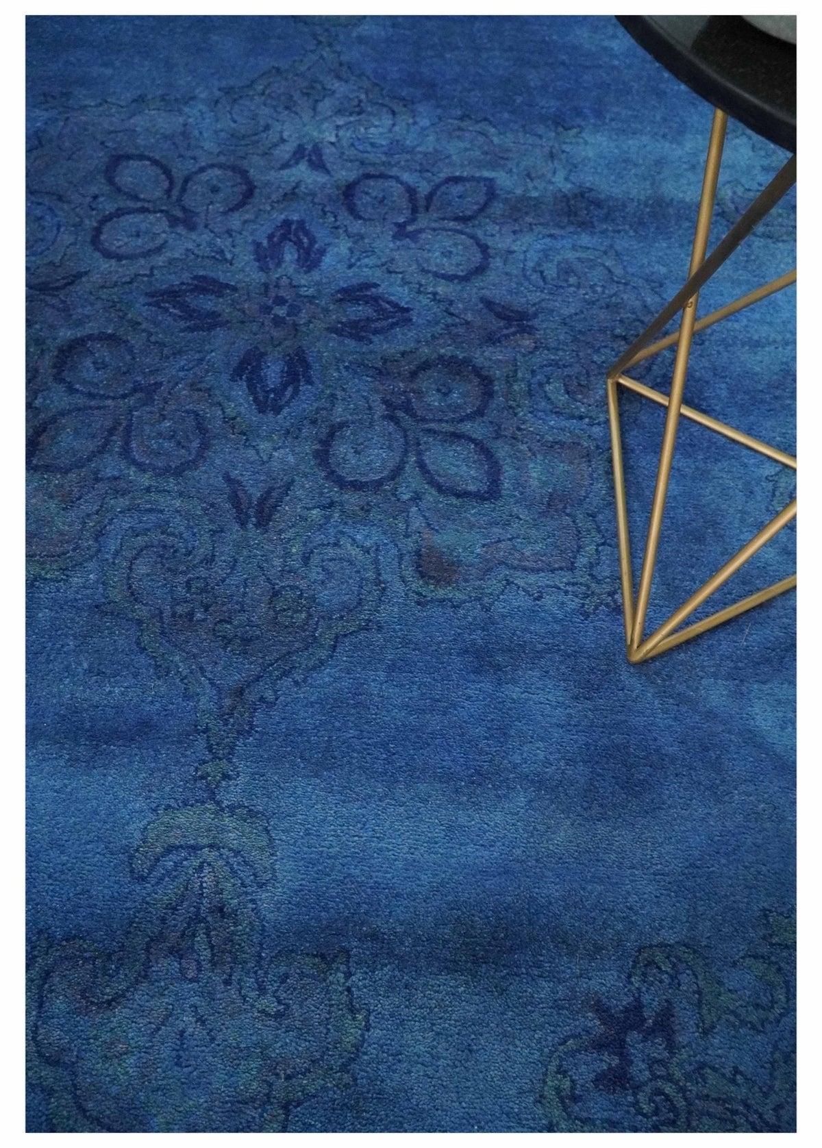 Traditional Design Overdyed Blue Hand Tufted Wool Area Rug.