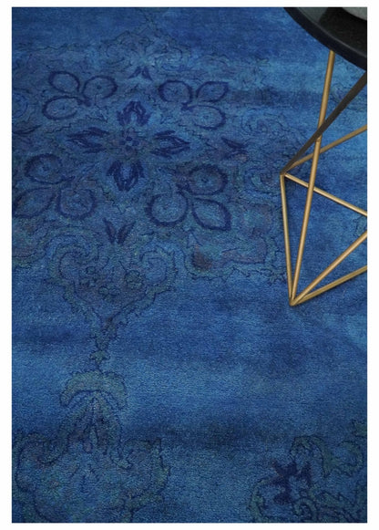 Traditional Design Overdyed Blue Hand Tufted Wool Area Rug.