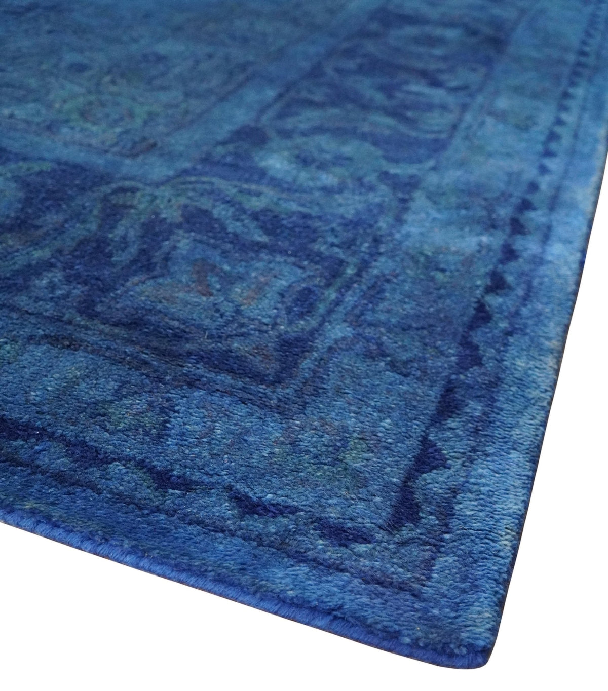 Traditional Design Overdyed Blue Hand Tufted Wool Area Rug.