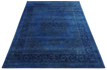 Traditional Design Overdyed Blue Hand Tufted Wool Area Rug.
