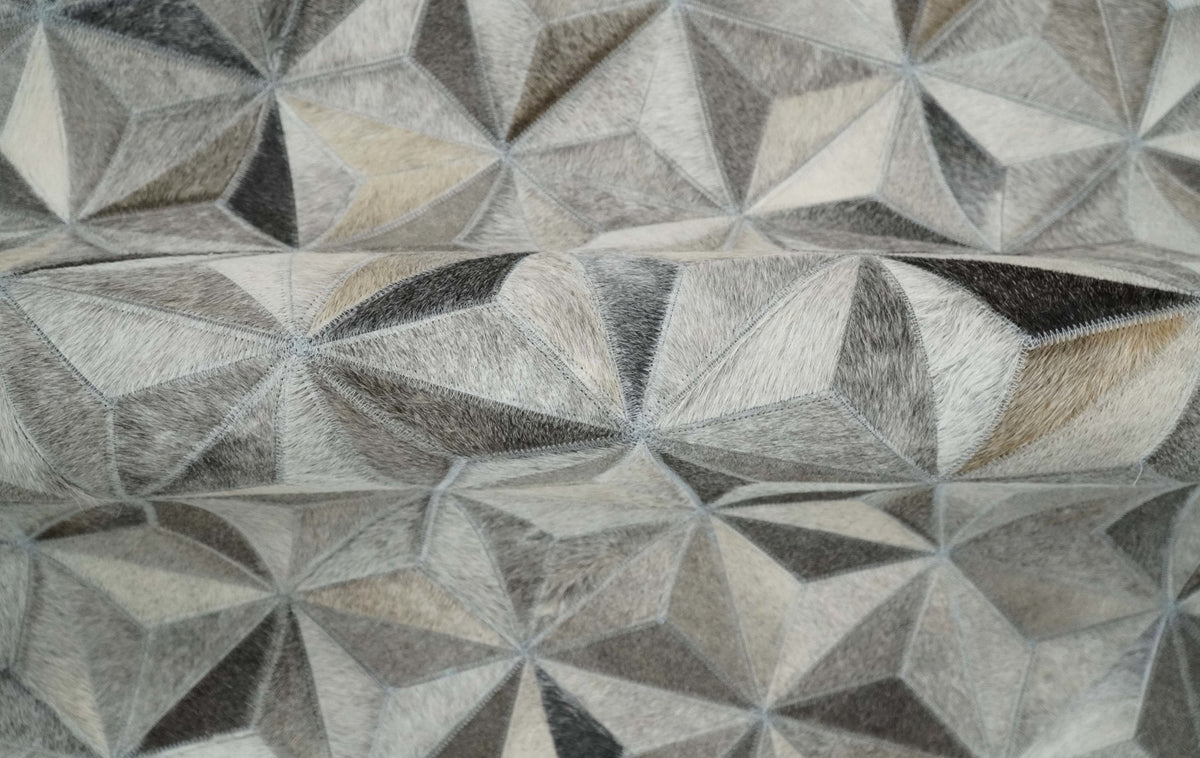 Custom Made Cowhide Leather Patchwork Silver and Gray Leather Modern Geometric Rug.