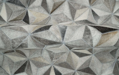 Custom Made Cowhide Leather Patchwork Silver and Gray Leather Modern Geometric Rug.