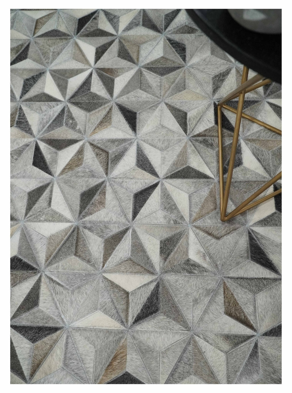 Custom Made Cowhide Leather Patchwork Silver and Gray Leather Modern Geometric Rug.