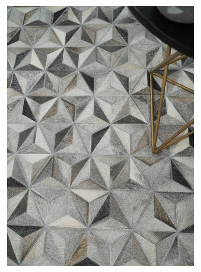 Custom Made Cowhide Leather Patchwork Silver and Gray Leather Modern Geometric Rug.