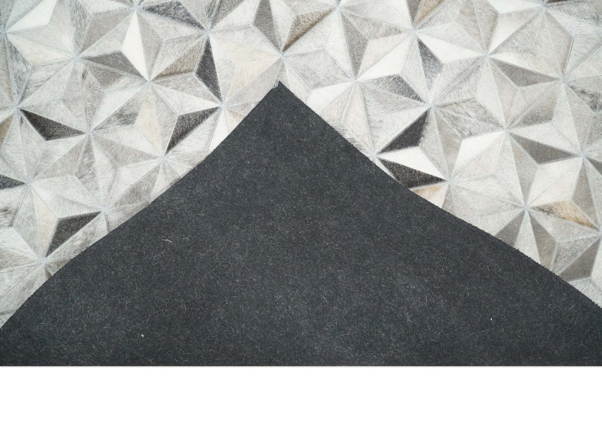 Custom Made Cowhide Leather Patchwork Silver and Gray Leather Modern Geometric Rug.