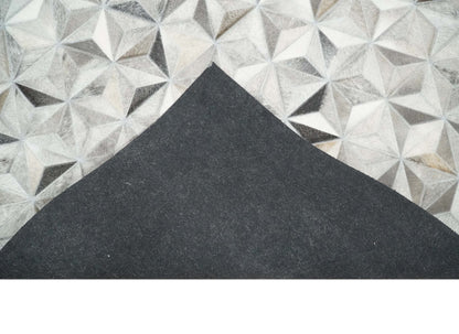 Custom Made Cowhide Leather Patchwork Silver and Gray Leather Modern Geometric Rug.