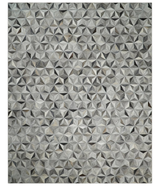 Custom Made Cowhide Leather Patchwork Silver and Gray Leather Modern Geometric Rug.