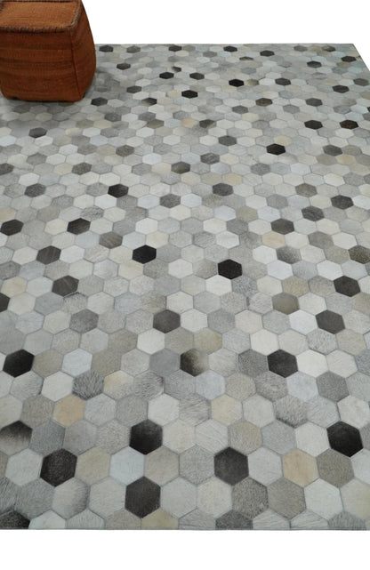 Custom Made Leather Patchwork Silver and Ivory Modern Geometric Rug.