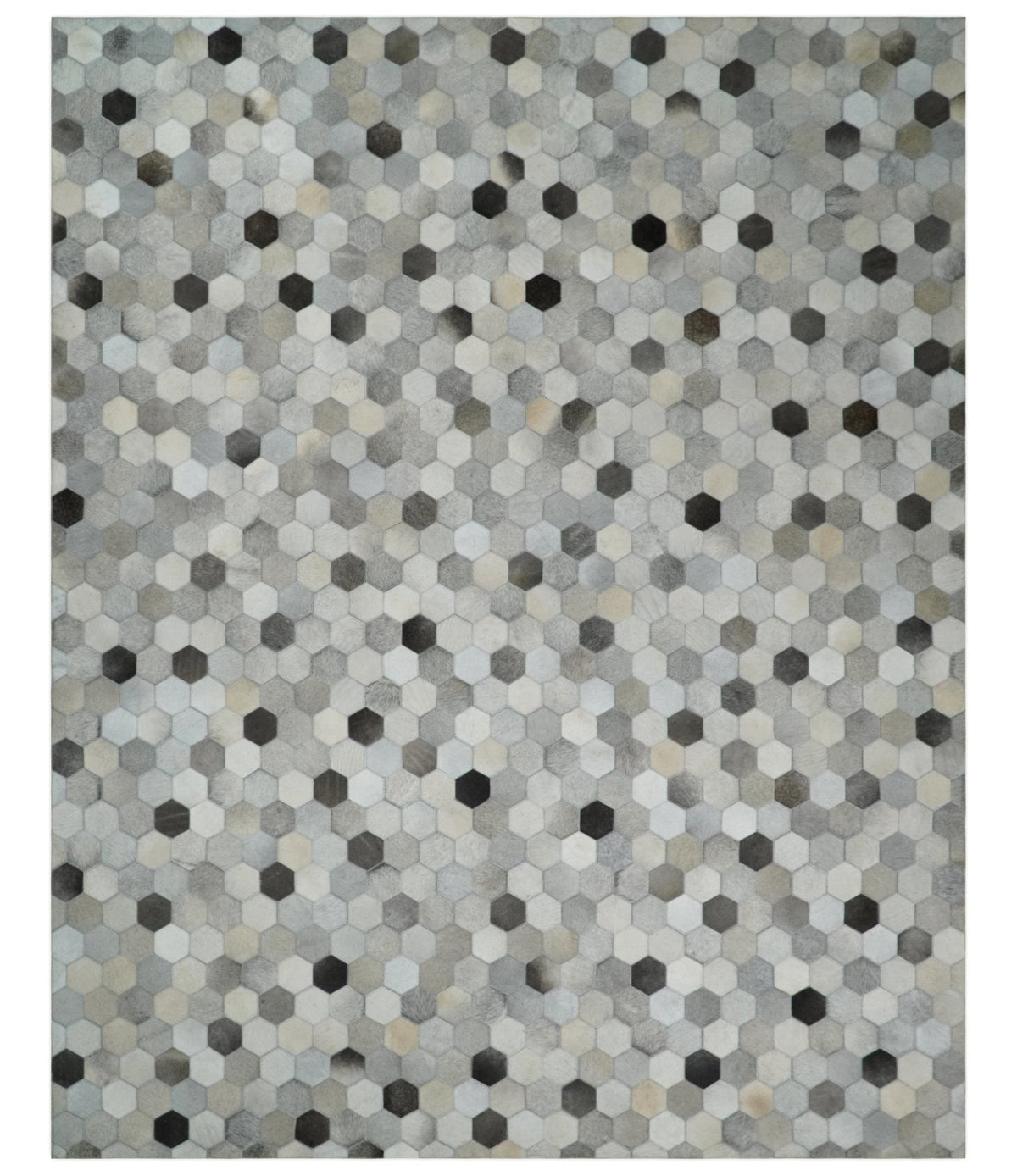 Custom Made Leather Patchwork Silver and Ivory Modern Geometric Rug.