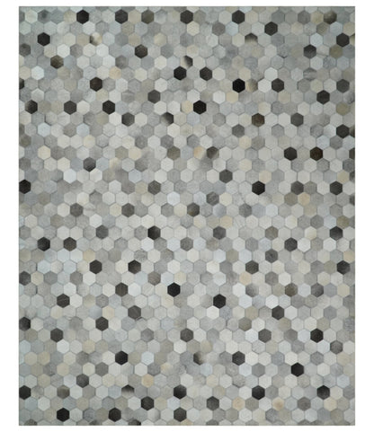 Custom Made Leather Patchwork Silver and Ivory Modern Geometric Rug.
