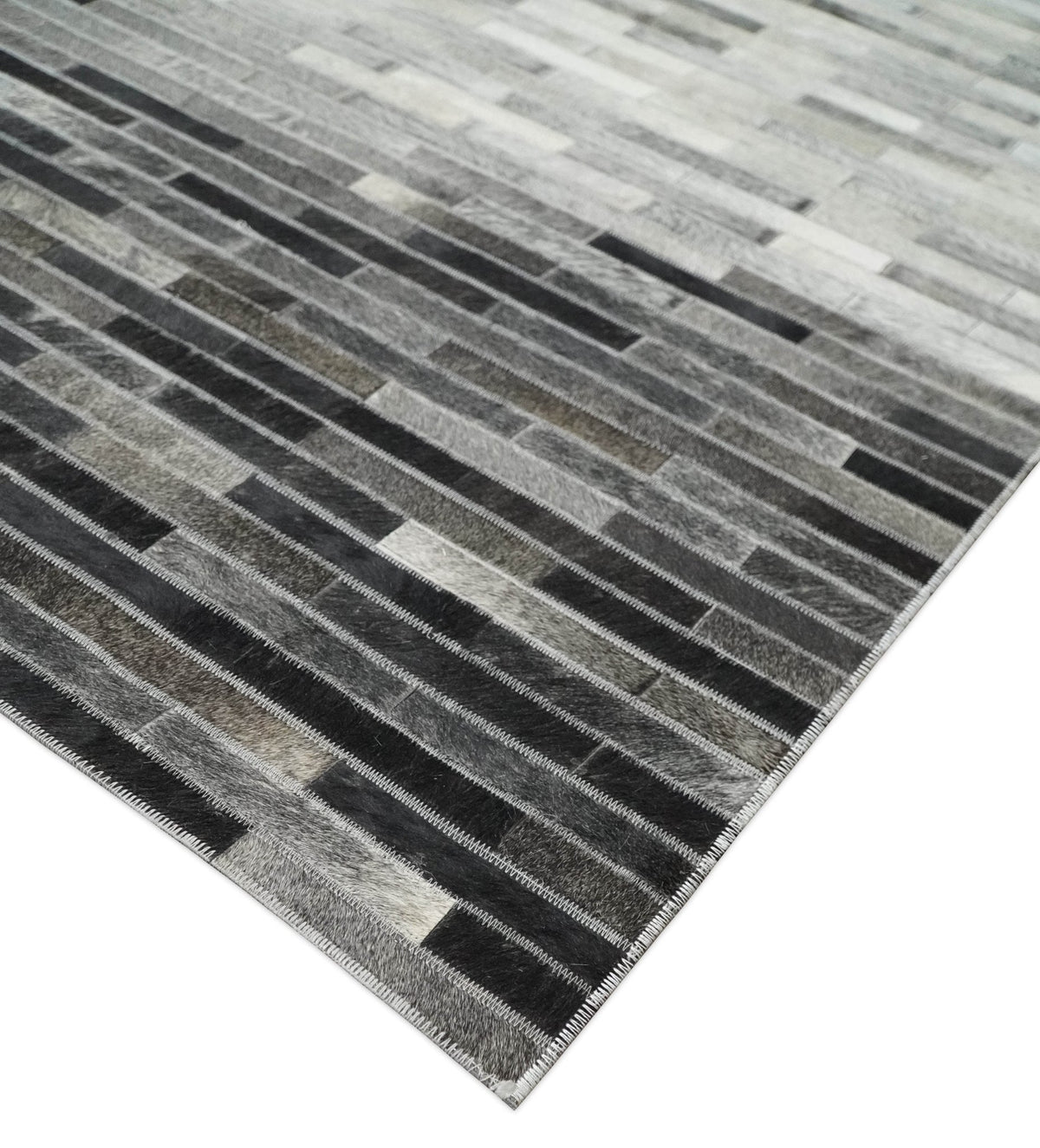 Custom Made Leather Striped Gray and Silver Leather Rug.