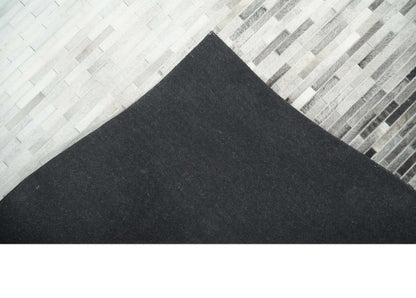 Custom Made Leather Striped Gray and Silver Leather Rug.