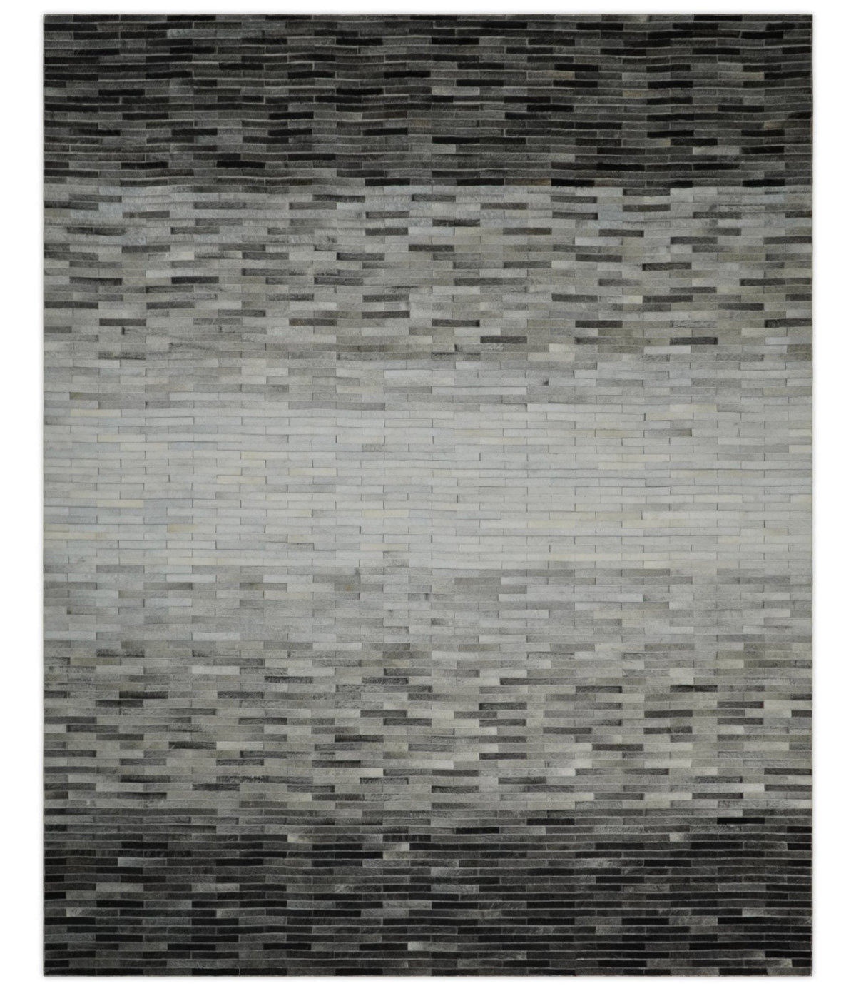 Custom Made Leather Striped Gray and Silver Leather Rug.