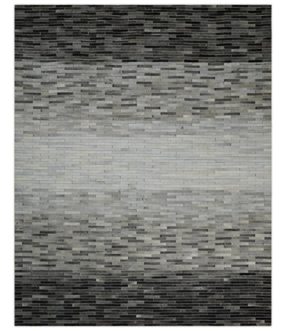 Custom Made Leather Striped Gray and Silver Leather Rug.