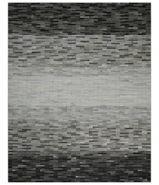 Custom Made Leather Striped Gray and Silver Leather Rug.