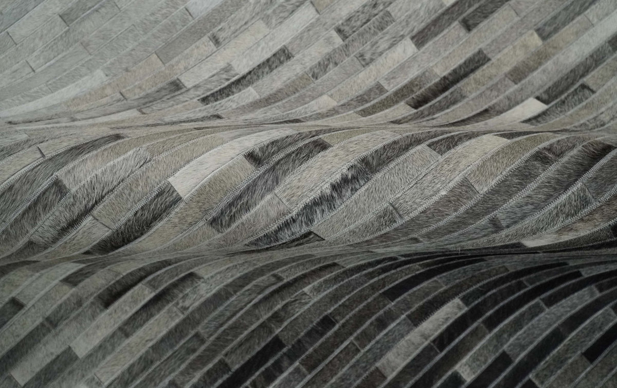 Custom Made Leather Striped Gray and Silver Leather Rug.