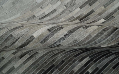 Custom Made Leather Striped Gray and Silver Leather Rug.