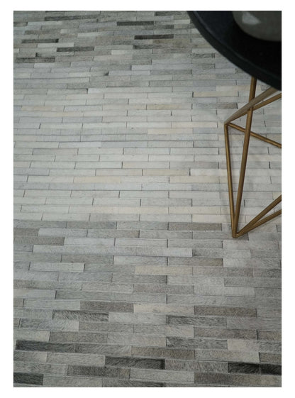 Custom Made Leather Striped Gray and Silver Leather Rug.