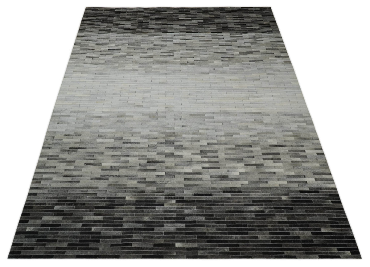 Custom Made Leather Striped Gray and Silver Leather Rug.