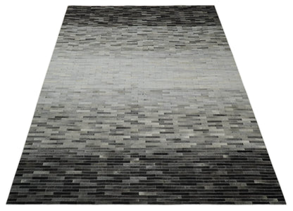 Custom Made Leather Striped Gray and Silver Leather Rug.