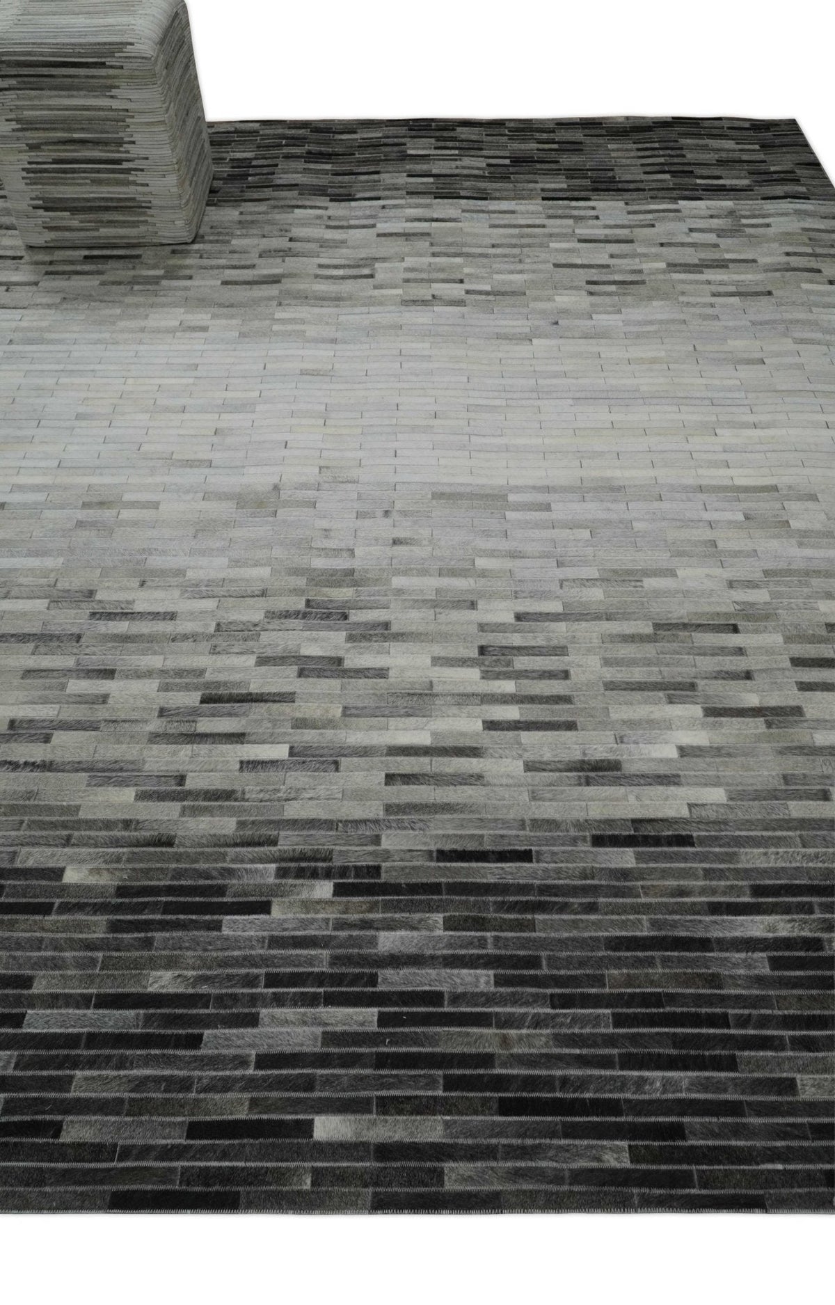 Custom Made Leather Striped Gray and Silver Leather Rug.
