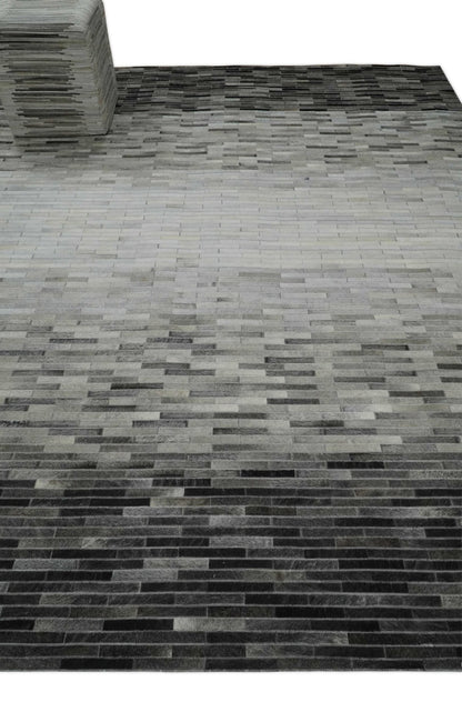 Custom Made Leather Striped Gray and Silver Leather Rug.