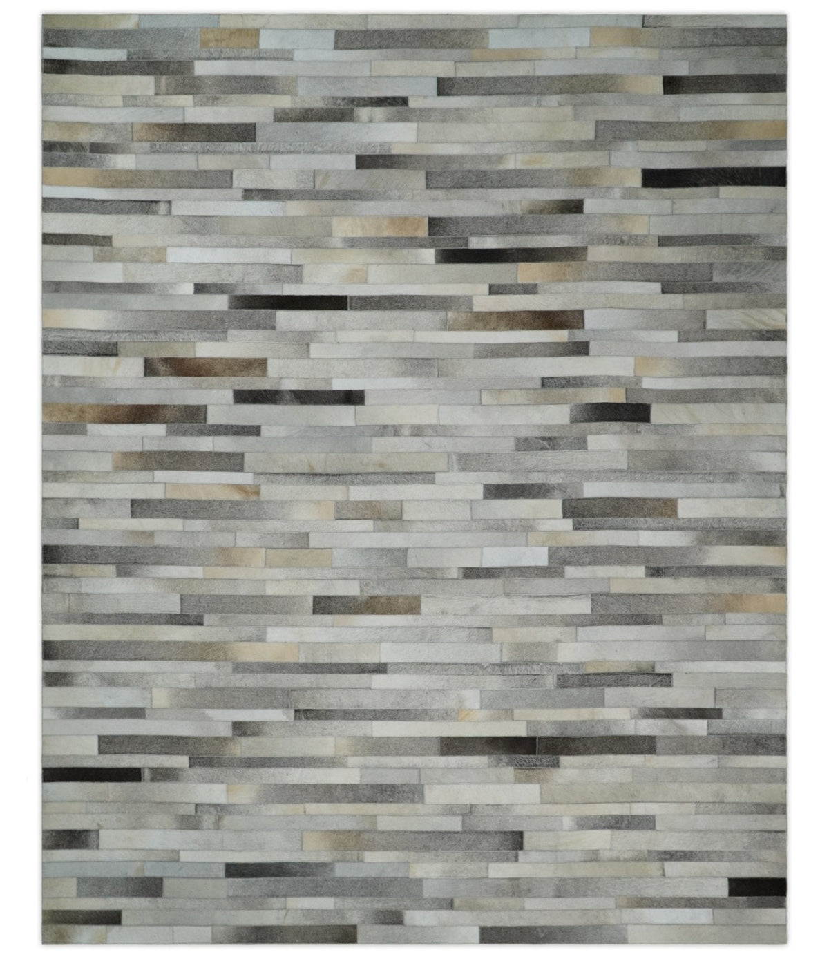 Modern Geometrical Leather Striped Silver and Ivory Leather Custom Made Area Rug.