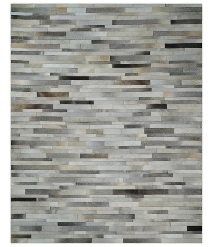 Modern Geometrical Leather Striped Silver and Ivory Leather Custom Made Area Rug.