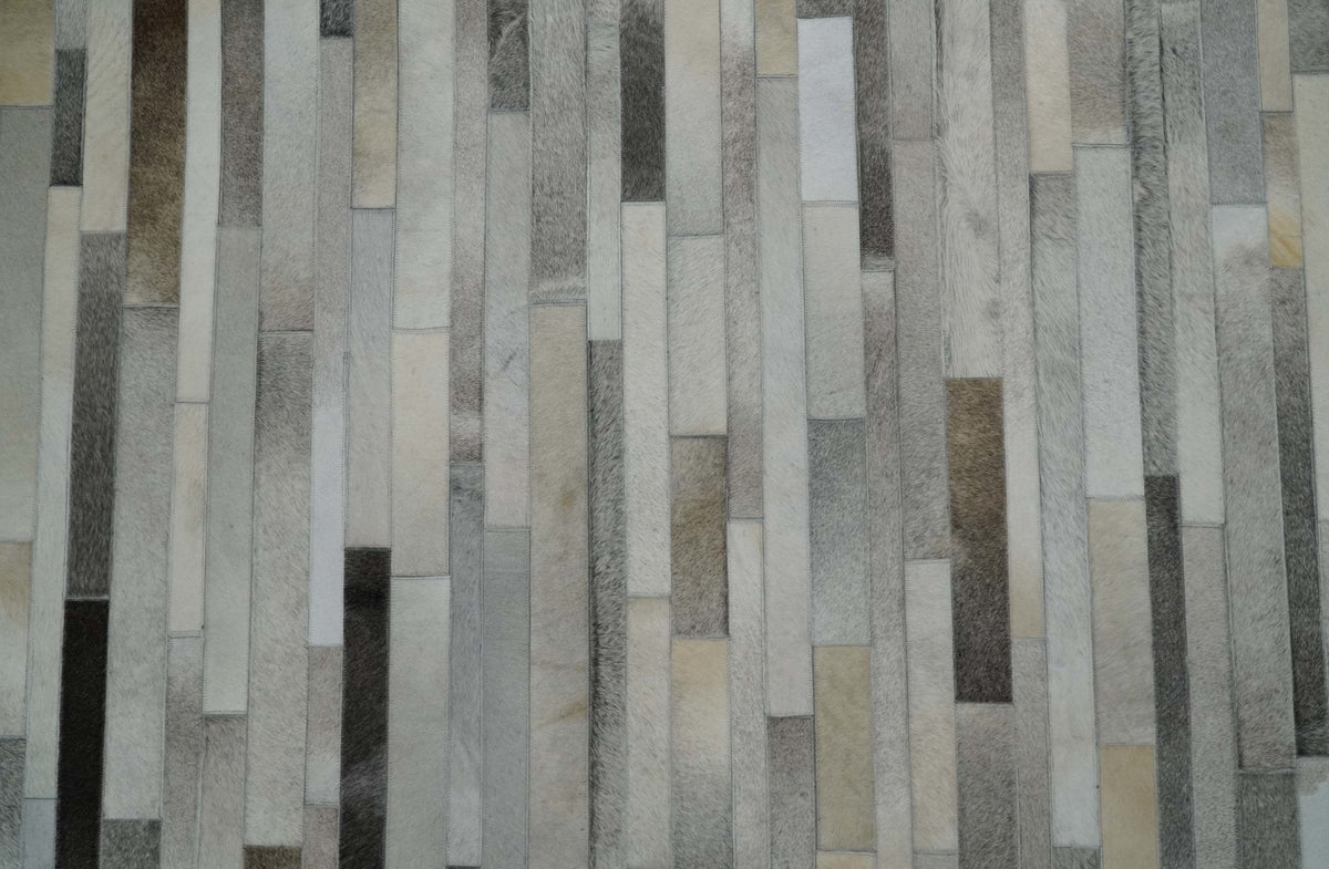 Modern Geometrical Leather Striped Silver and Ivory Leather Custom Made Area Rug.