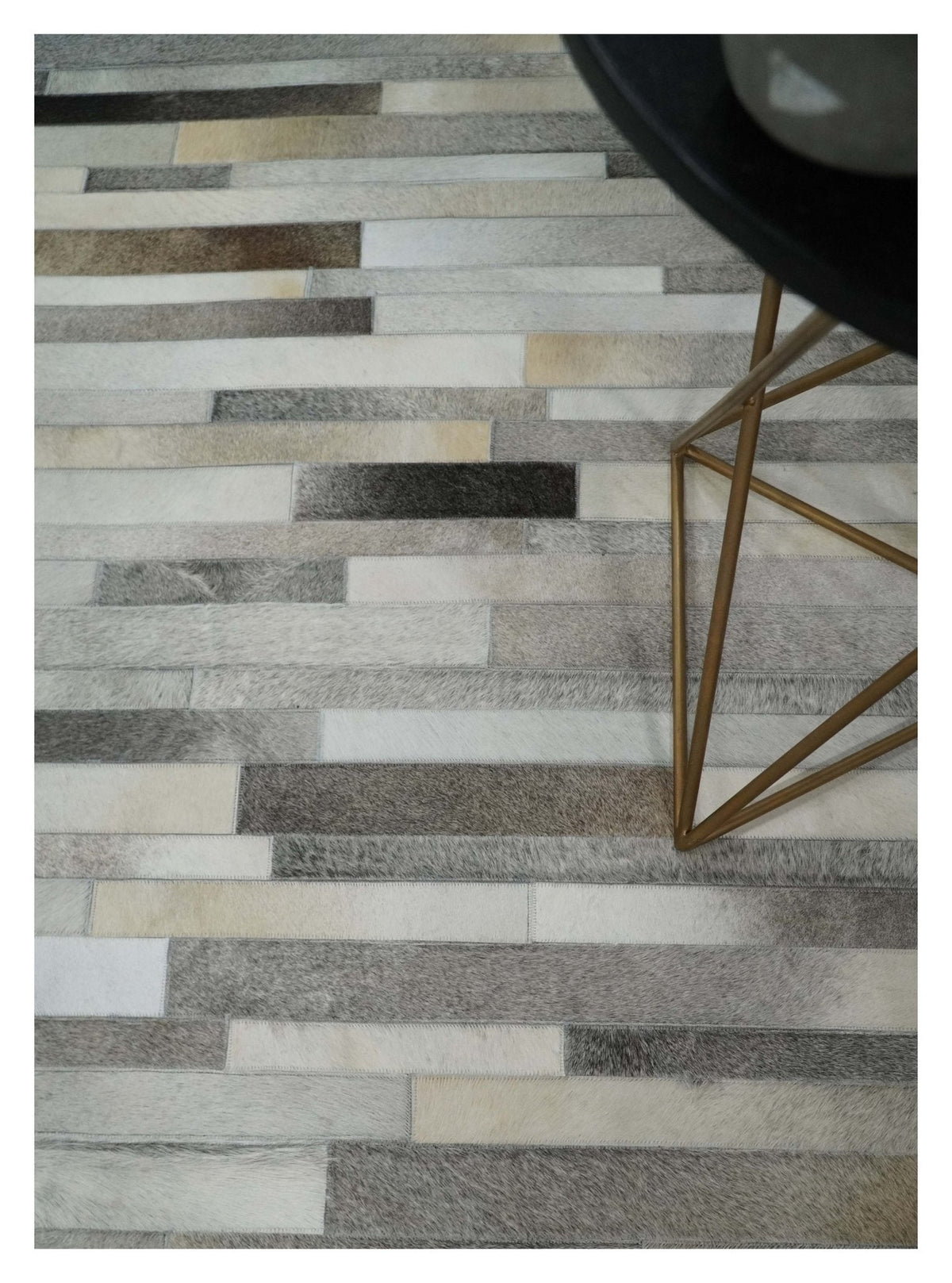 Modern Geometrical Leather Striped Silver and Ivory Leather Custom Made Area Rug.