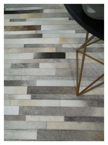 Modern Geometrical Leather Striped Silver and Ivory Leather Custom Made Area Rug.